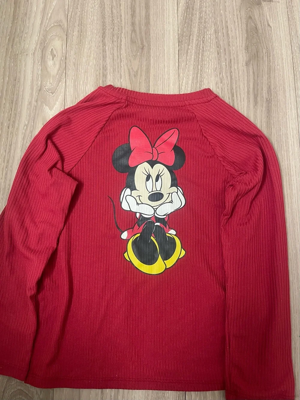 Disney Red Long-Sleeve Ribbed Tee with Minnie Embroidery